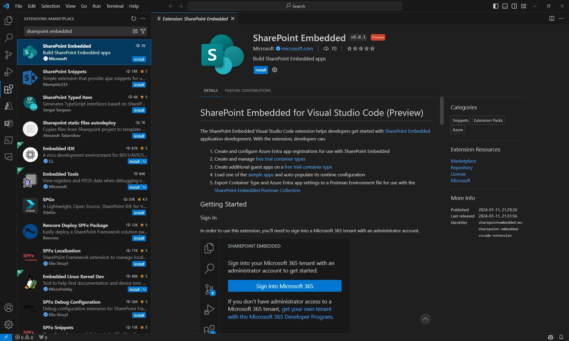 SharePoint Embedded Extension for Visual Studio Code