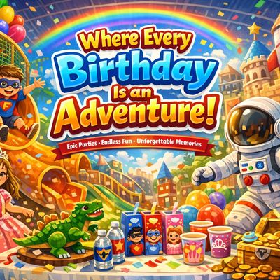 A vibrant themed birthday party banner at fidgets Indoor Playground featuring princess to super hero