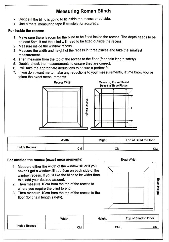Caroline's Curtains - Measuring Roman Blinds, Measuring Guide