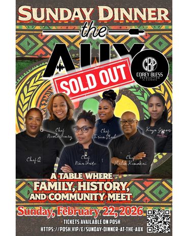 Poster for Sunday Dinner event featuring chefs and community leaders, sold out.