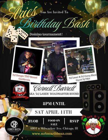 Invitation to Aries Birthday Bash with DJ music and domino tournament.