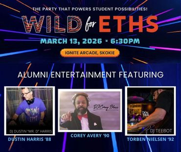 Event poster for Wild for ETHS party on March 13, 2026, featuring alumni DJs in Skokie.