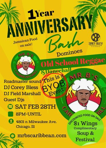 1 Year Anniversary Bash with Jamaican food and old school reggae at Dominoes in Chicago.