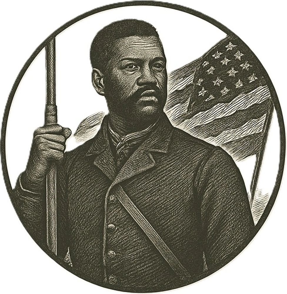 Black American from Civil War Era holding musket with American Flag flying in background
