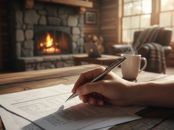 Hand writing on paper near a warm fireplace and coffee mug.