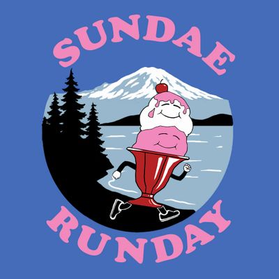 Illustration of a running ice cream sundae with a mountain backdrop and 'Sundae Runday' text.