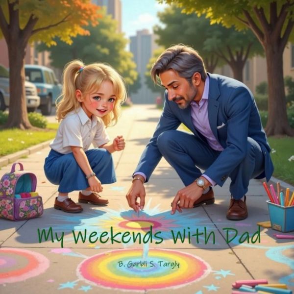 A father and daughter drawing colorful chalk art on the sidewalk together.