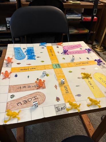 Homemade board game with animal and dice pieces.