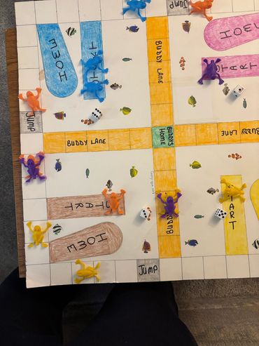 Homemade board game with colorful pathways and animal figures.