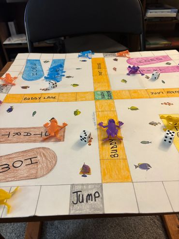 Homemade board game with colorful frogs and dice.