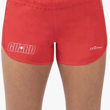 Red lifeguard shorts with logos on the front.