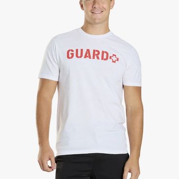 Man wearing a white lifeguard t-shirt with red text.