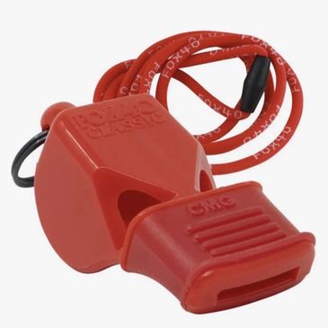 Close-up of a red plastic whistle with a lanyard.