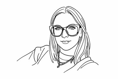 Line art portrait of a woman wearing glasses and a necklace.
