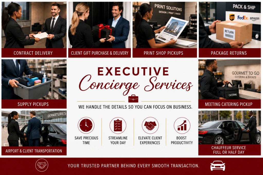 Executive concierge services assisting with business tasks and transportation.