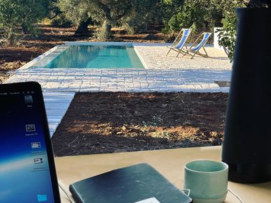 Working from home with a private swimming pool.
