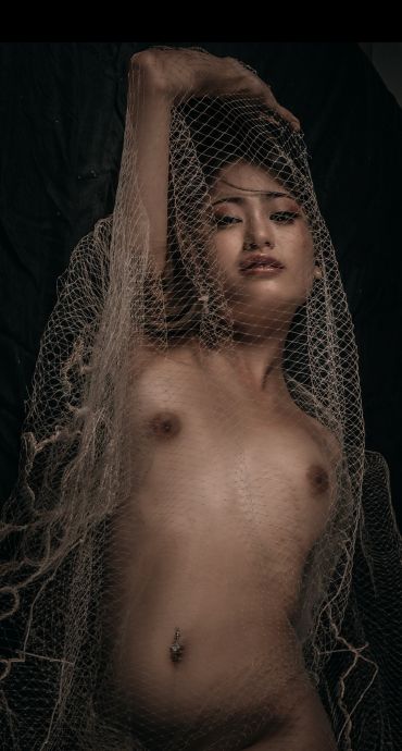 Artistic nude portrait with net fabric.