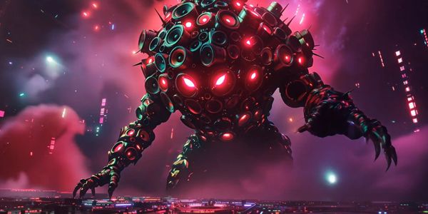 A giant monster made of speakers with glowing red eyes looms over a city at night.
