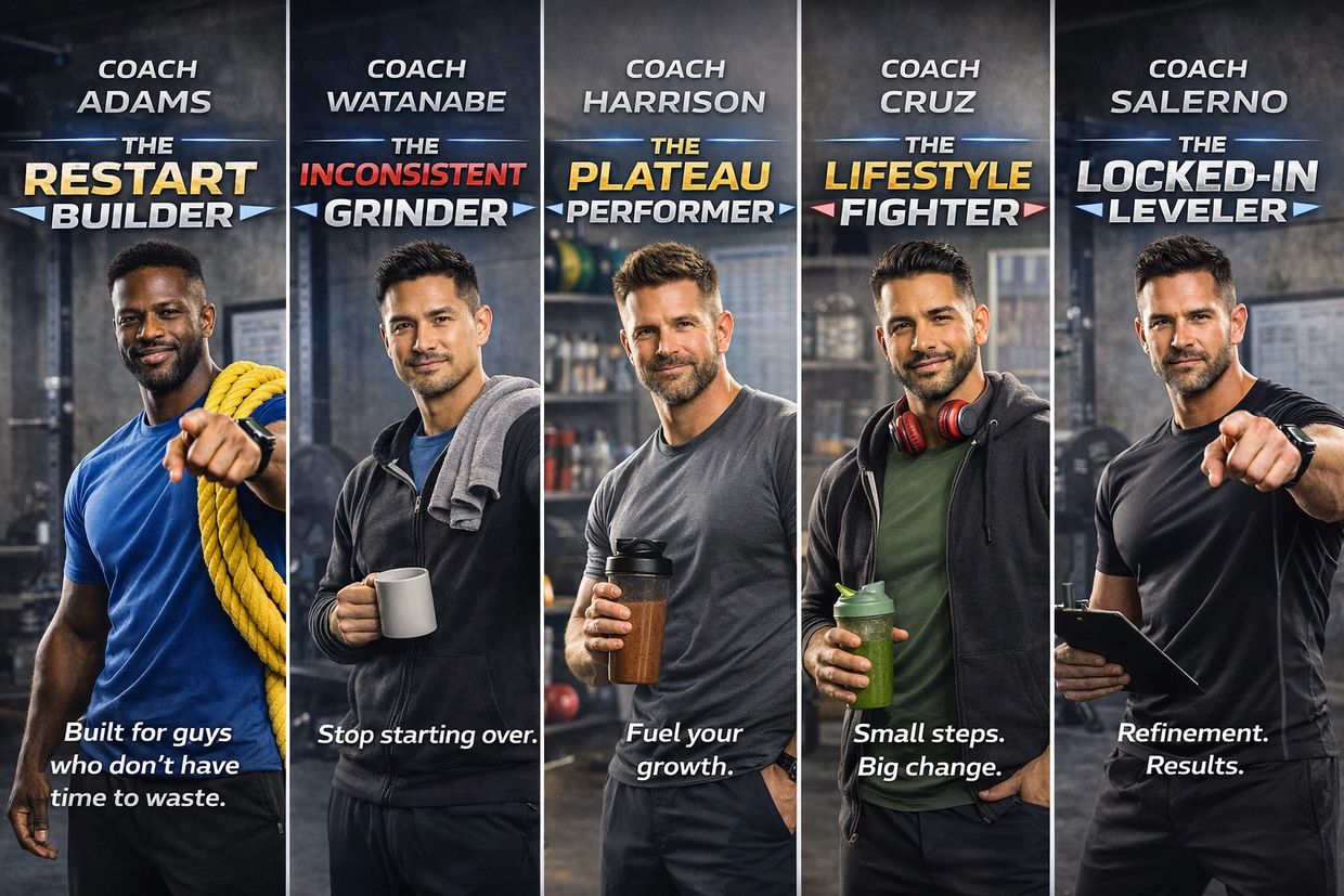 Five fitness coaches with unique motivational titles and taglines.