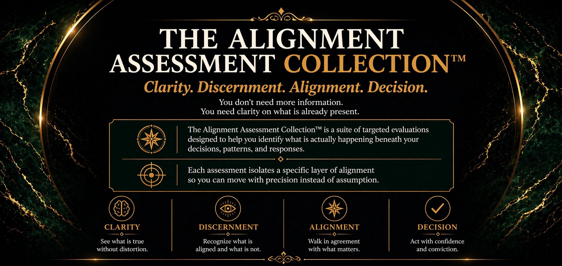 The Alignment Assessment Collection offers clarity, discernment, alignment, and decision guidance for confident actions.