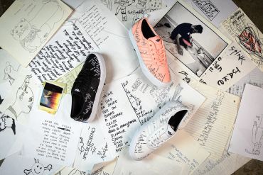 Three sneakers on handwritten notes and sketches, featuring black, peach, and white colors.