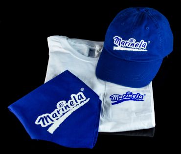Marinela branded blue cap, face mask, and white t-shirts on black background.