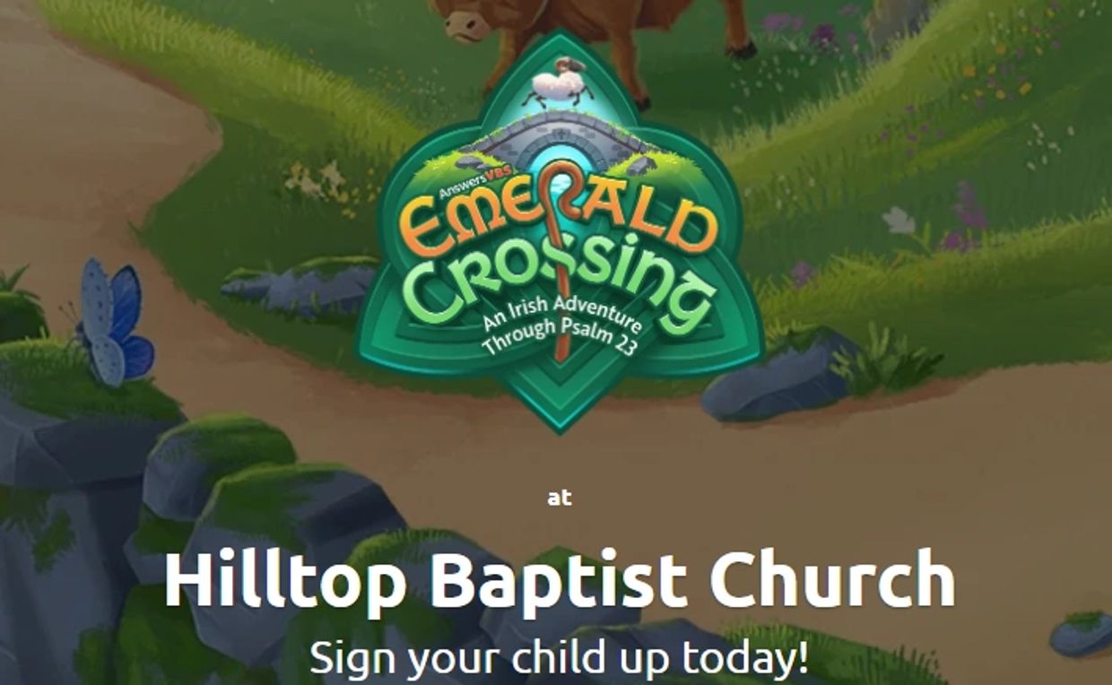Emerald Crossing VBS event at Hilltop Baptist Church for children.