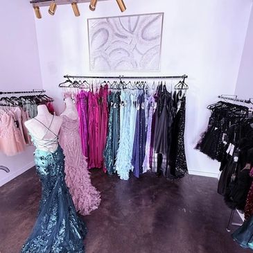 Selection of long colorful prom dresses in all sizes.