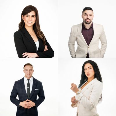 Professional headshots of four diverse individuals in business attire against a white background.
