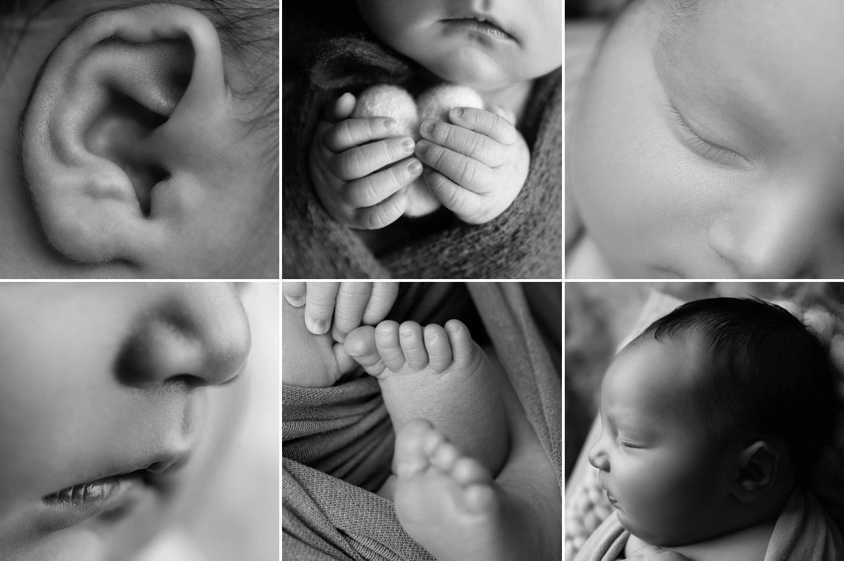 Newborn baby details, ear, hands, eye and lashes, nose and mouth, feet, full face shape. 