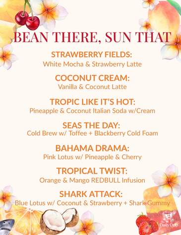 Colorful tropical drink menu with fruit illustrations and playful names.