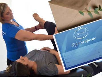 lady getting a relaxing stretch with a gift certificate in the foreground