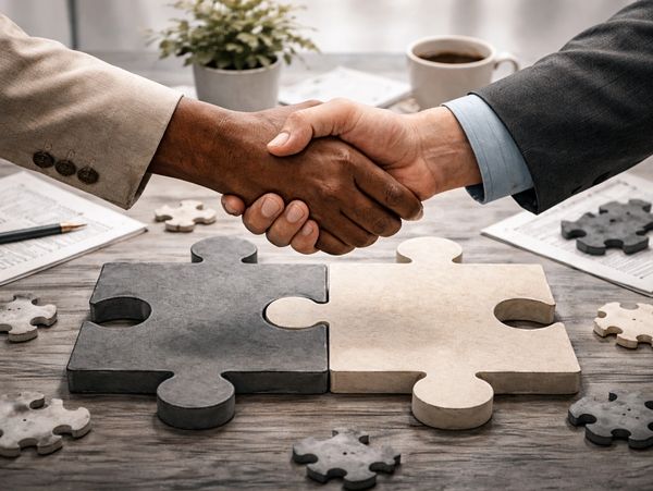 Two people shaking hands over interlocking puzzle pieces symbolizing partnership.