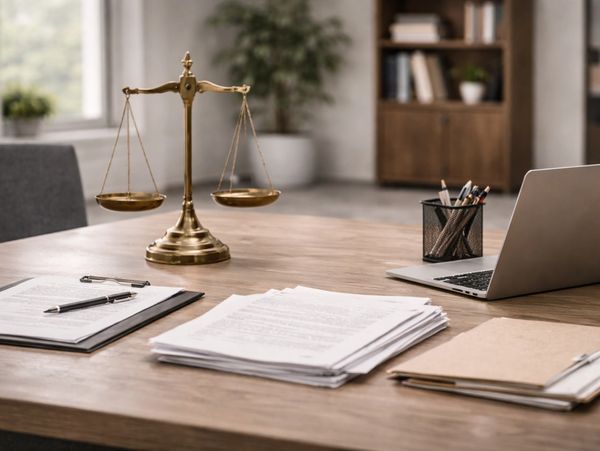 A balanced scale and legal documents on a wooden desk in an office.