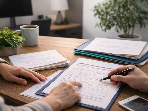 Two people reviewing and filling out documents at a wooden desk.