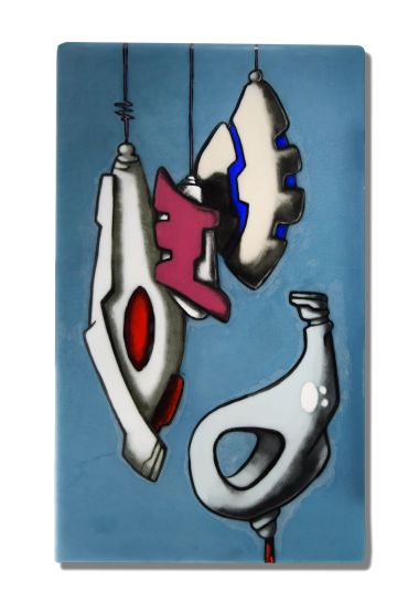Abstract hanging sculptures with bold colors on a blue background.