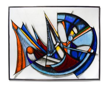 Abstract stained glass artwork with vibrant blue, orange, and red shapes.