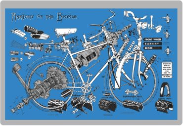 Exploded view diagram of a bicycle showing all parts separated and labeled.