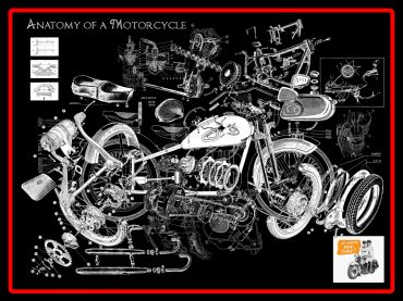 Detailed exploded view of motorcycle parts labeled 'Anatomy of a Motorcycle'.