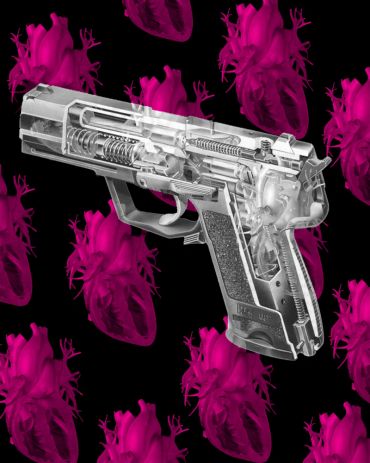 Transparent gun with pink hearts background.