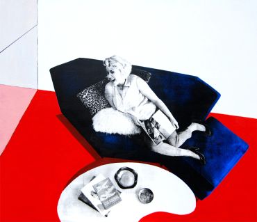 Monochrome woman reclines on blue couch with red and white geometric floor.
