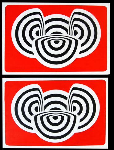 Two abstract black and white striped patterns on red backgrounds.