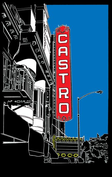 Illustrated view of the Castro Theatre marquee against a blue sky.