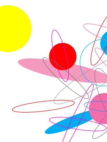 Abstract art with colorful circles and elliptical lines on white background.