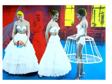 Three women in white dresses against a vibrant, abstract background.