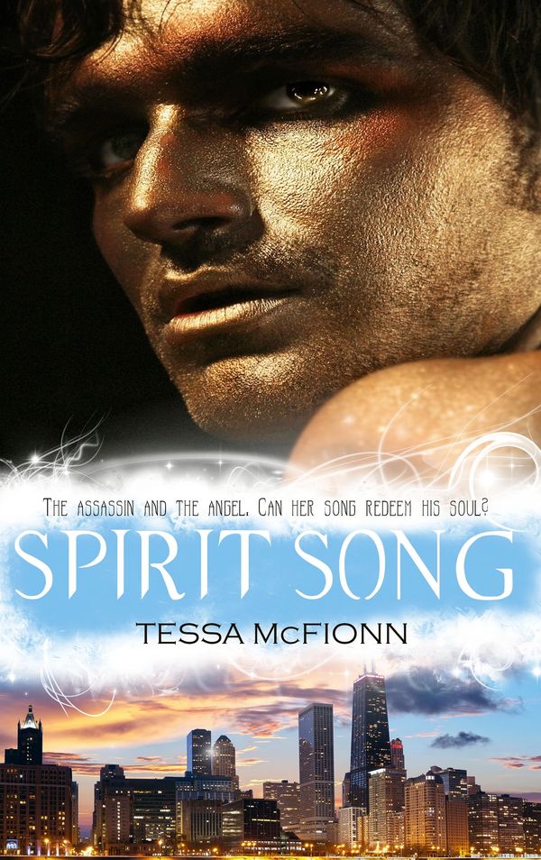 Close-up of a man's face with a cityscape below, promoting the book Spirit Song by Tessa McFionn.