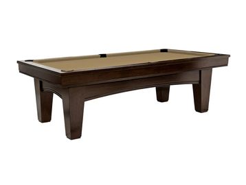 Elegant brown pool table with tan felt and sturdy legs.