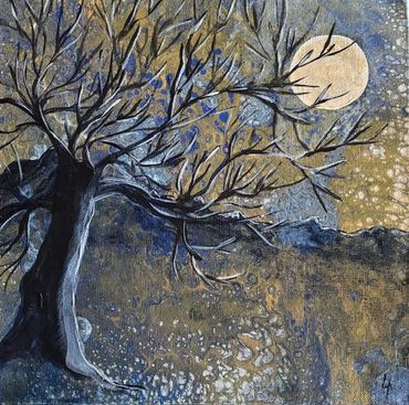 A dark tree with bare branches under a full moon in a textured night landscape.