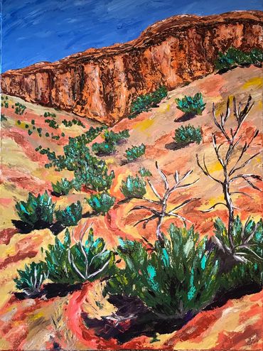 This pallette knife piece depicts the luscious rust-red dirt often found in New Mexico.