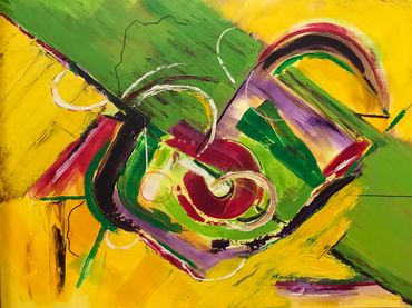 Yellow and green with a diagonal theme and energetic lines and brush strokes, 